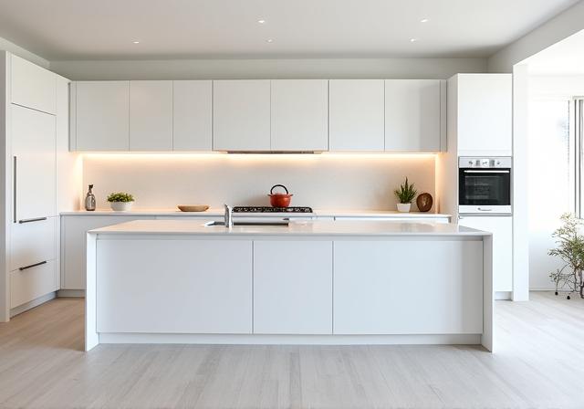 A sleek, modern white kitchen with an island. After renovation.