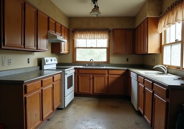 An old, dated kitchen with brown cabinets. Before renovation.