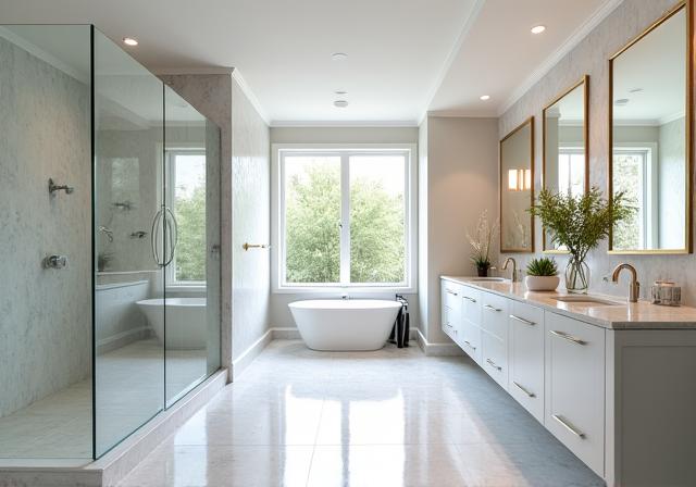 A spacious, bright bathroom with a large shower and double vanity. After renovation.