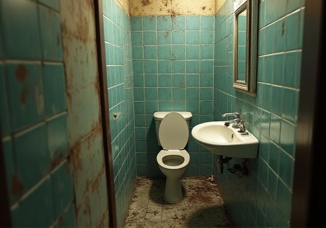 A small, cramped bathroom with old tiles. Before renovation.