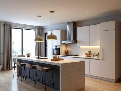 A modern kitchen with a stone island bench