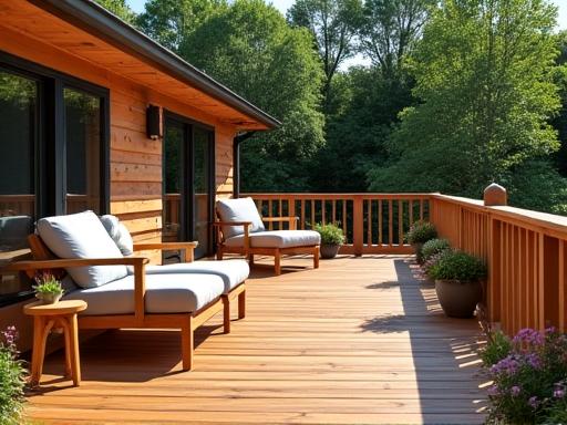 A beautiful timber deck with outdoor furniture and BBQ